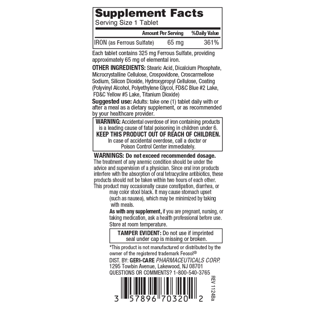 Geri-Care Iron Supplement – 325 mg - 200ct per Bottle | Case of 12 (Value Size)